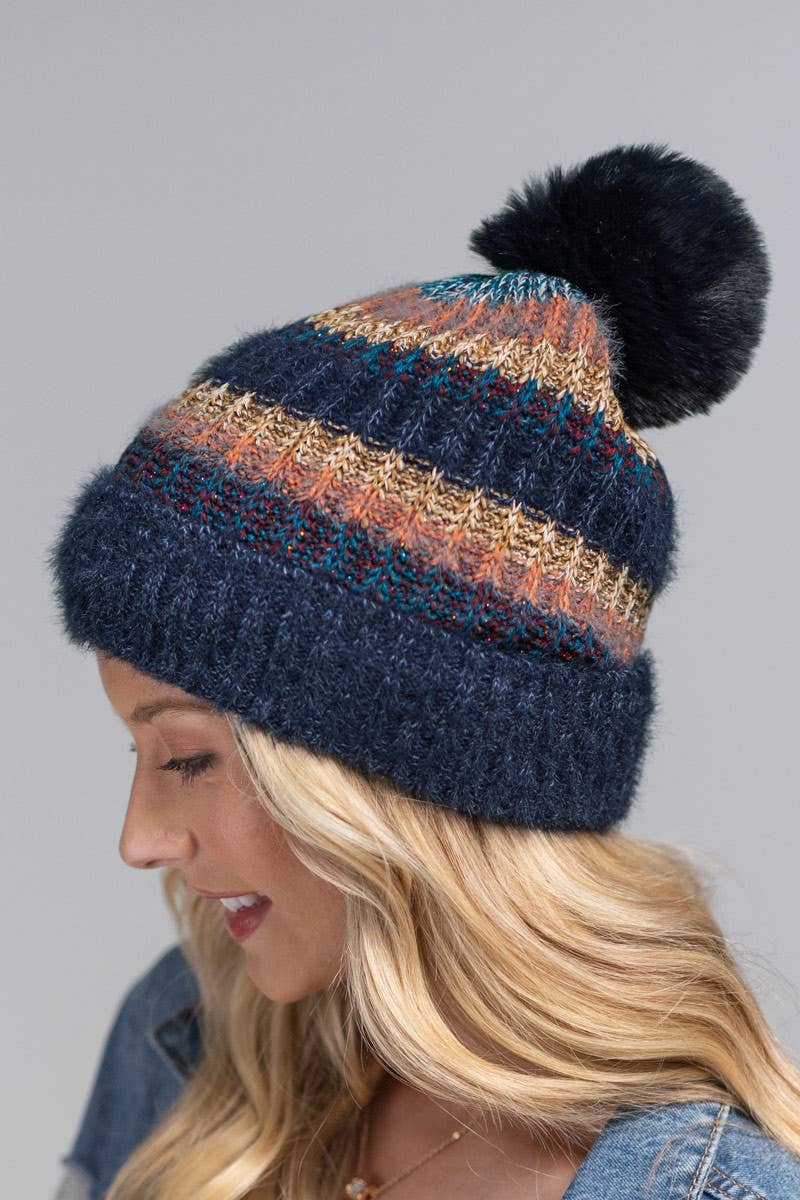 Striped Pom Beanie (Cozy Knit Winter Hat)