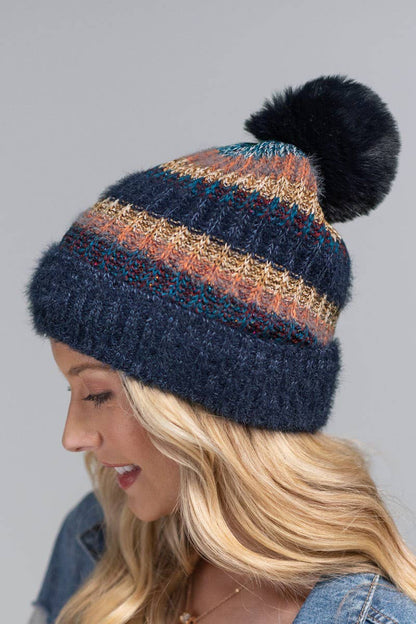 Striped Pom Beanie (Cozy Knit Winter Hat)