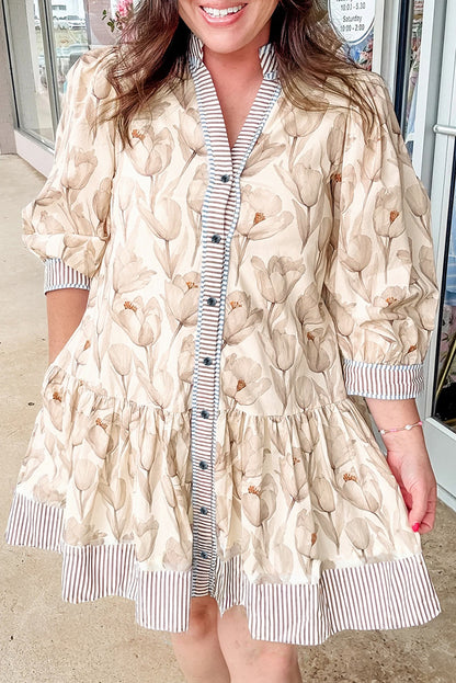 Floral Babydoll Dress with Striped Trim – Spring Boutique Button Down Dress