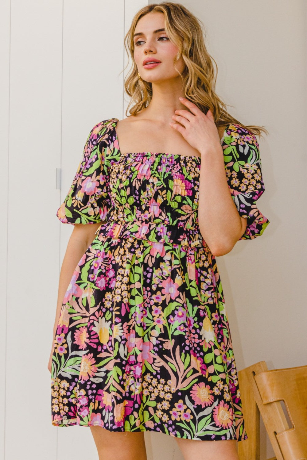 Floral Smocked Mini Dress – Vibrant and Travel-Ready