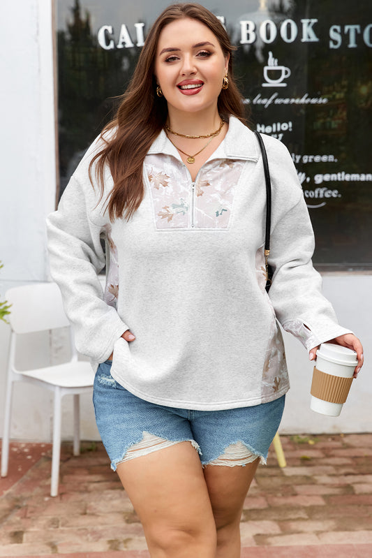 Plus Size Floral Mesh Quarter-Zip Pullover – Lightweight Casual Sweatshirt
