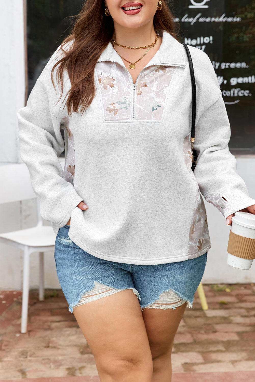 Plus Size Floral Mesh Quarter-Zip Pullover – Lightweight Casual Sweatshirt