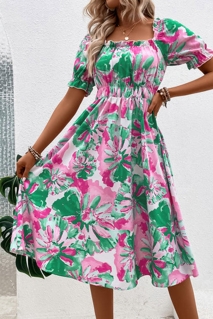 Floral Print Puff Sleeve Midi Dress