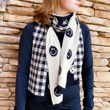 Smiley Face Plaid Knit Scarf (Cozy Winter Wrap | Black/White)