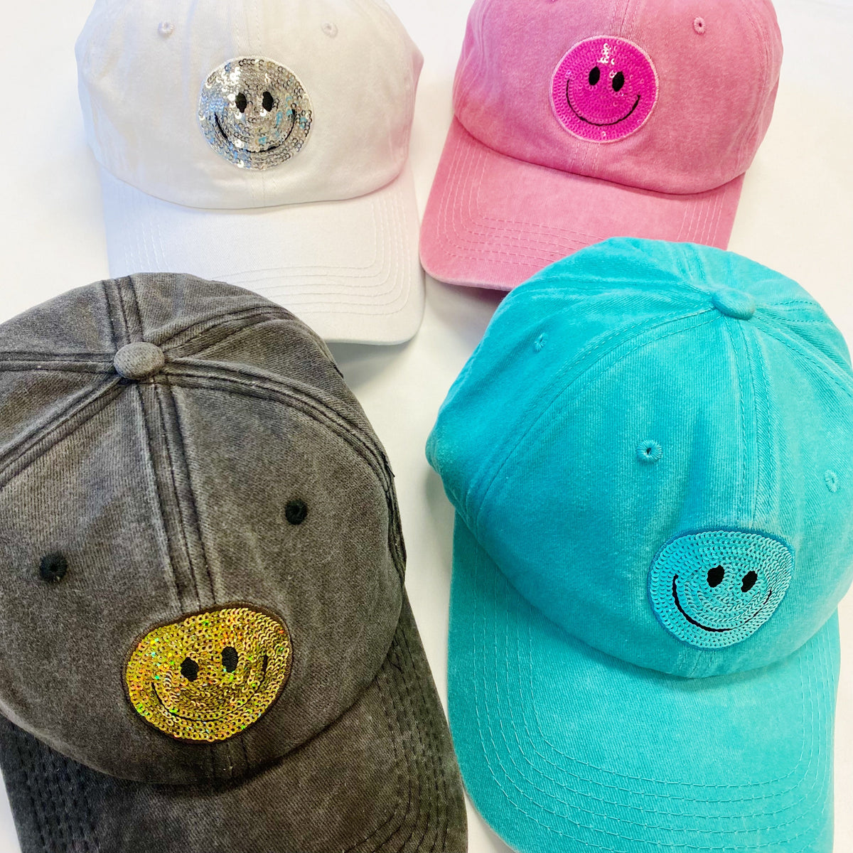 Sequin Smiley Face Baseball Cap (Washed Dad Hat | Multiple Colors)