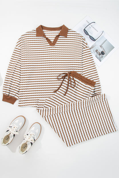 Striped Lounge Set for Women – Brown & White Cozy Two-Piece Outfit