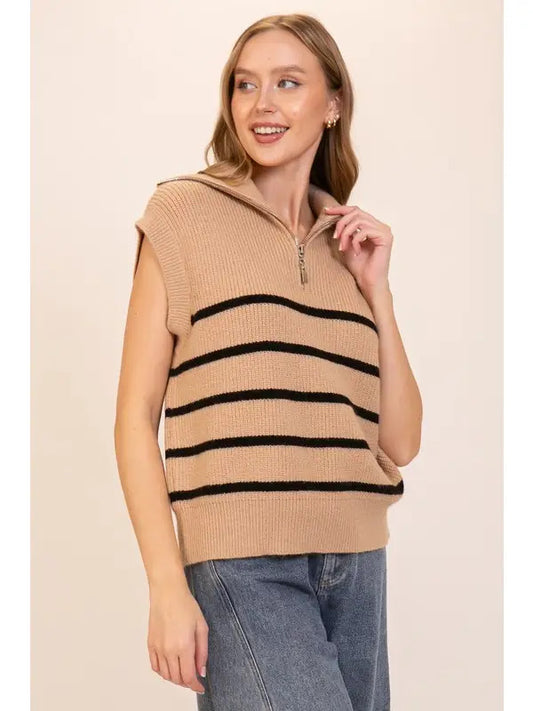 Striped Half-Zip Sweater Vest (Sleeveless Knit Top | Camel/Black)