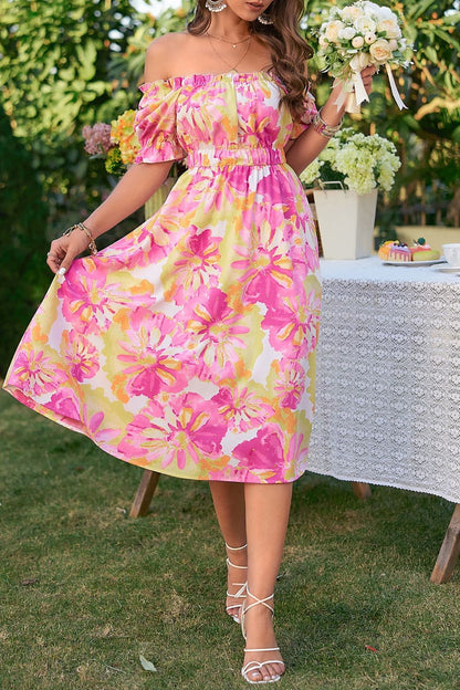 Floral Print Puff Sleeve Midi Dress