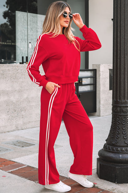 Red Two-Piece Lounge Set – Wide Leg Track Pants & Matching Crewneck Top