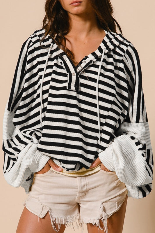 Black & White Striped Waffle Knit Hoodie – Oversized Casual Pullover
