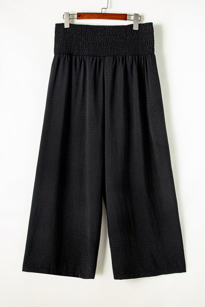 Black Smocked High-Waisted Wide-Leg Pants – Effortlessly Comfortable