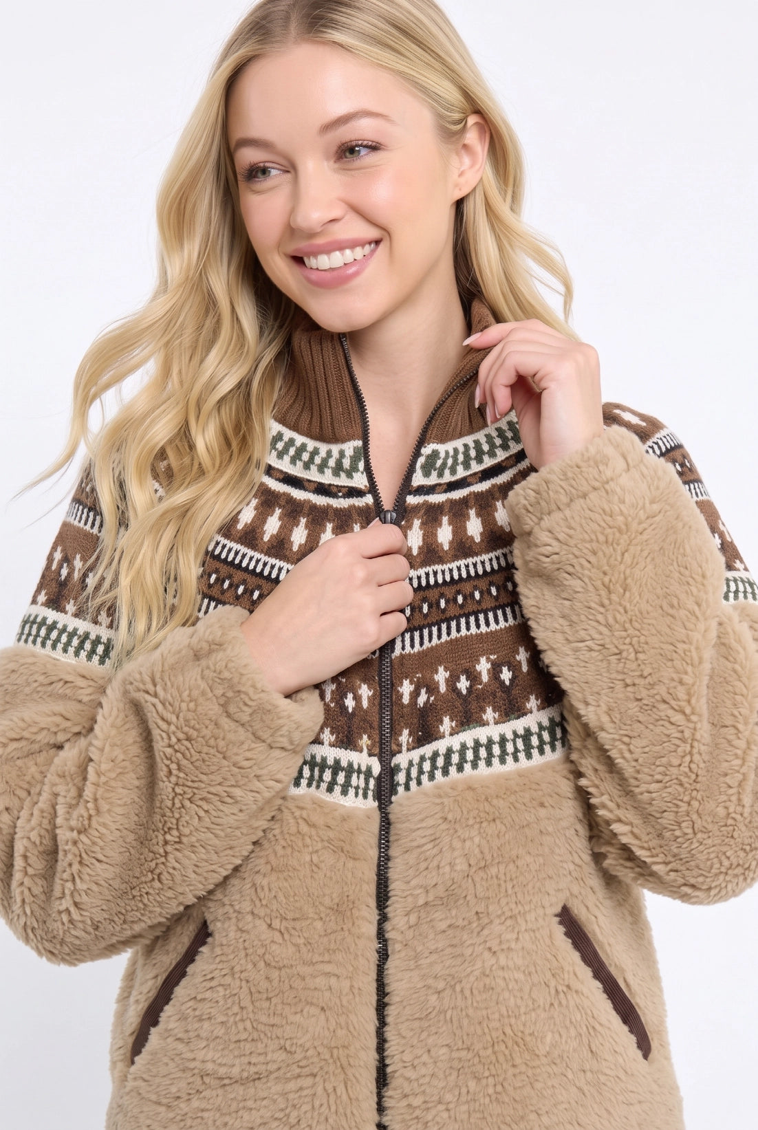 Camellia Luxe Fair Isle Faux Fur Jacket | Mocha & Camel