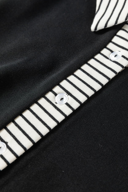 Black Long Sleeve Dress with Striped Collar – Casual Chic Collared Swing Dress