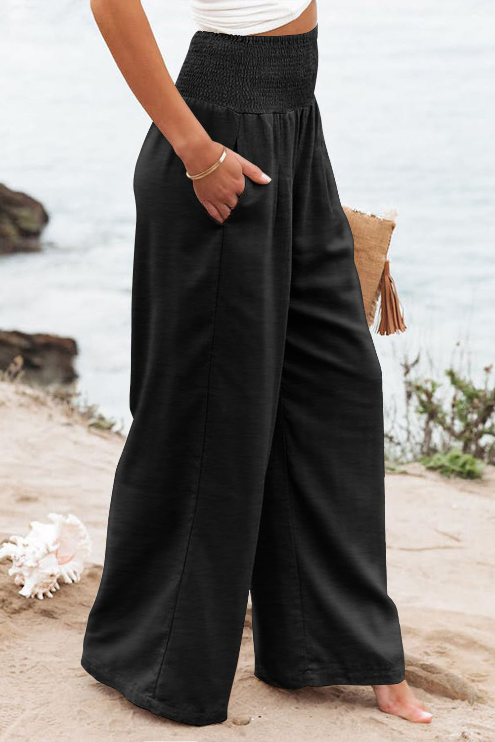 Black Smocked High-Waisted Wide-Leg Pants – Effortlessly Comfortable