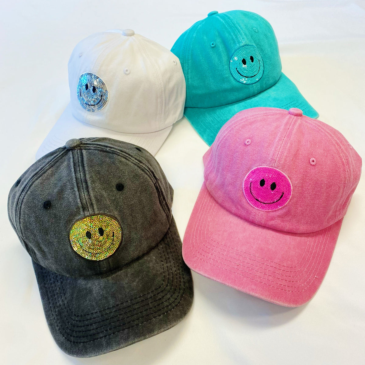 Sequin Smiley Face Baseball Cap (Washed Dad Hat | Multiple Colors)