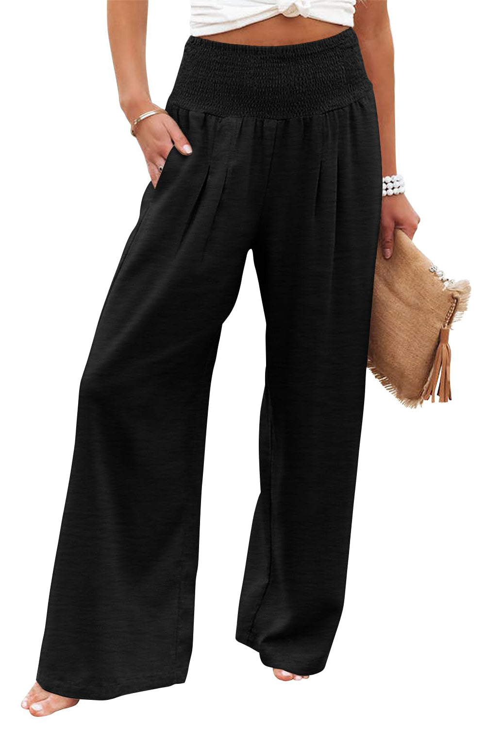 Black Smocked High-Waisted Wide-Leg Pants – Effortlessly Comfortable