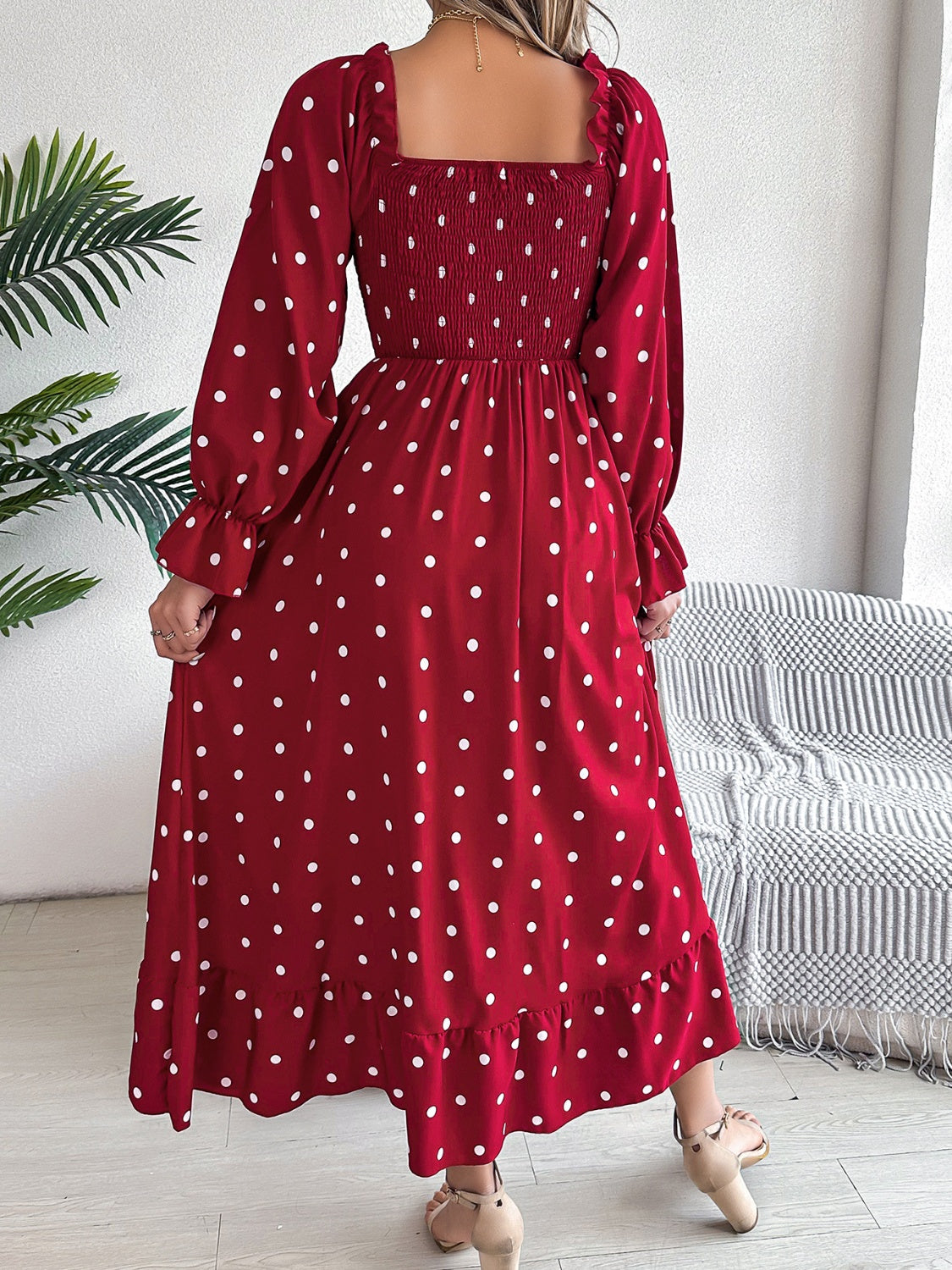 Polka Dot Smocked Midi Dress with Puff Sleeves – Boho Chic