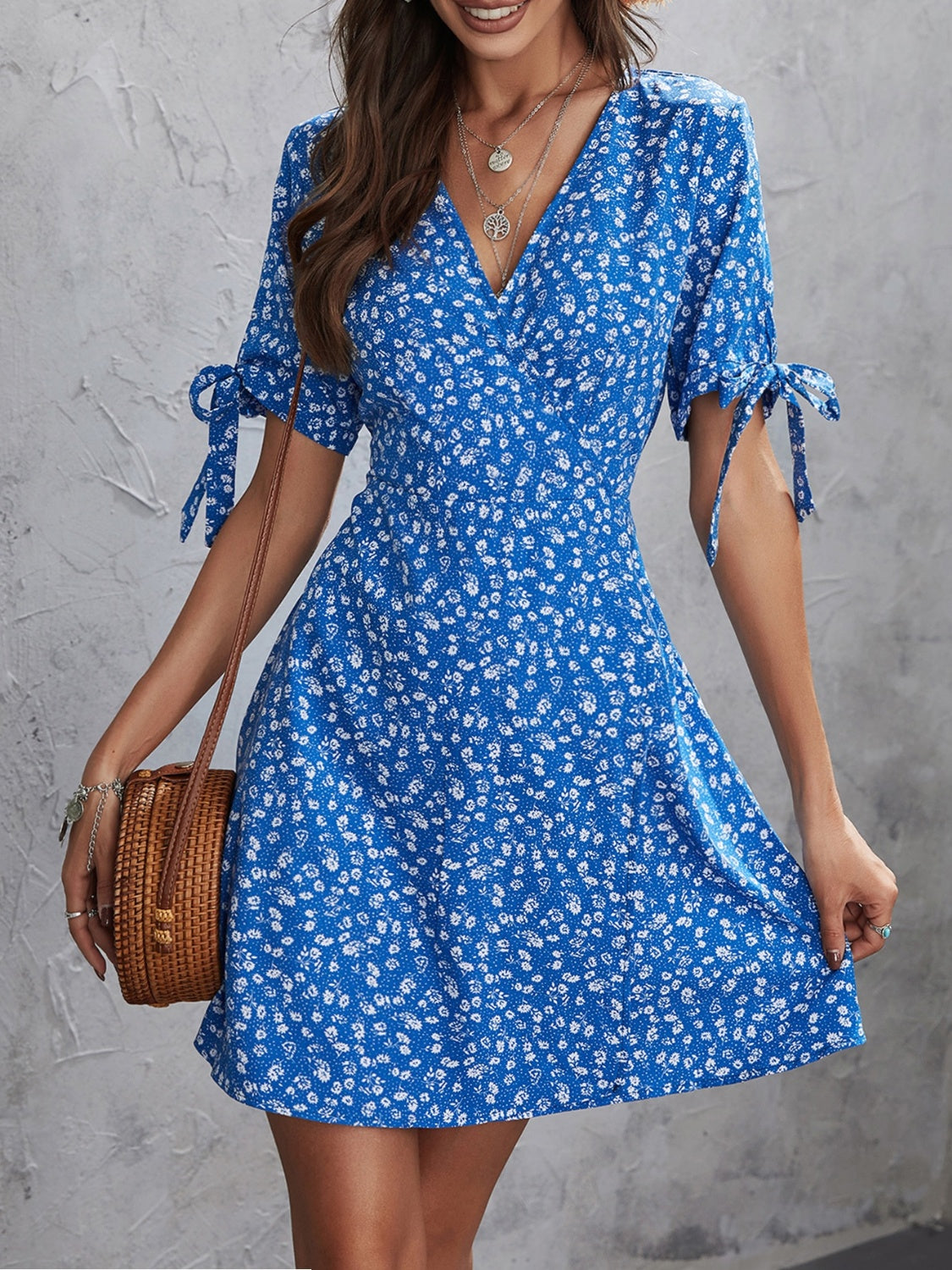 Blue Floral Wrap Dress with Tie Sleeves