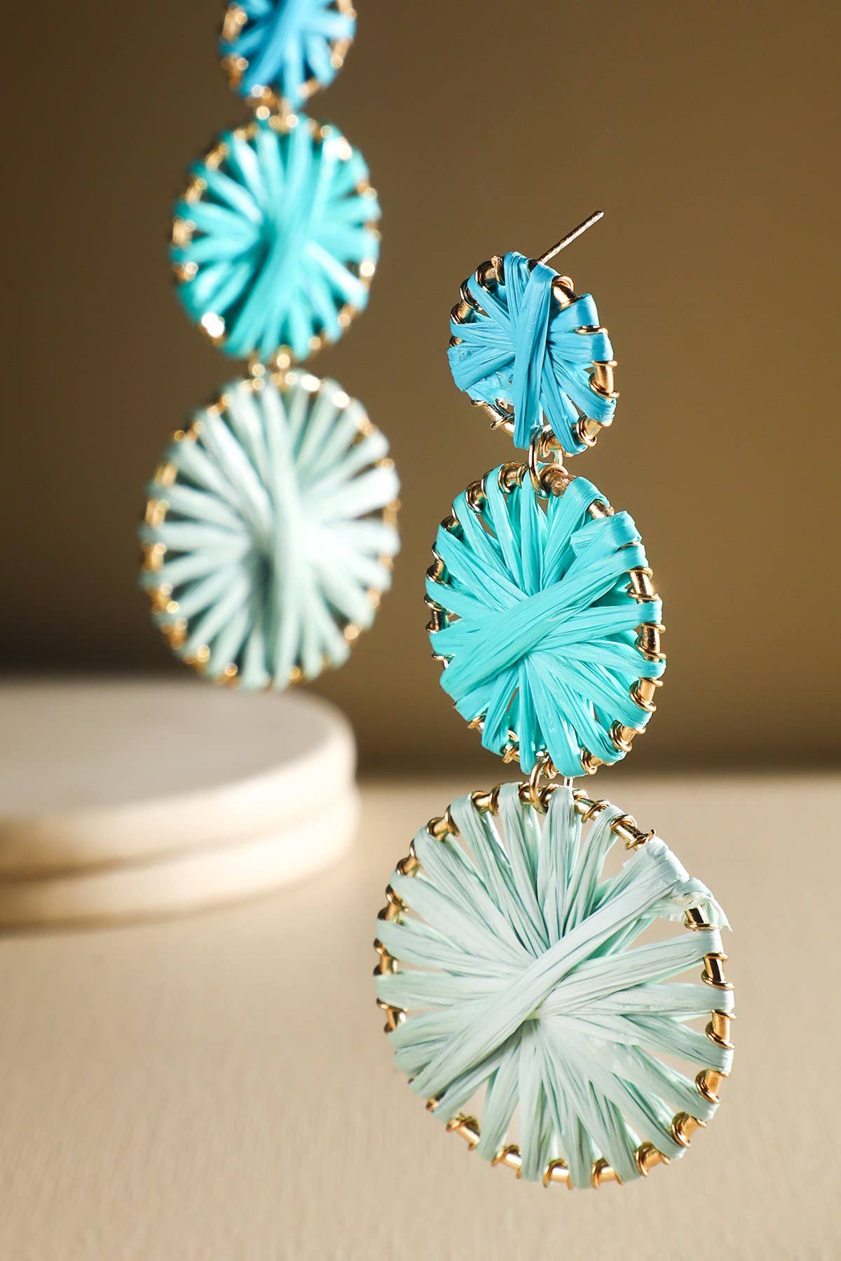 Rainbow Woven Disc Drop Earrings (Triple Statement Dangles)