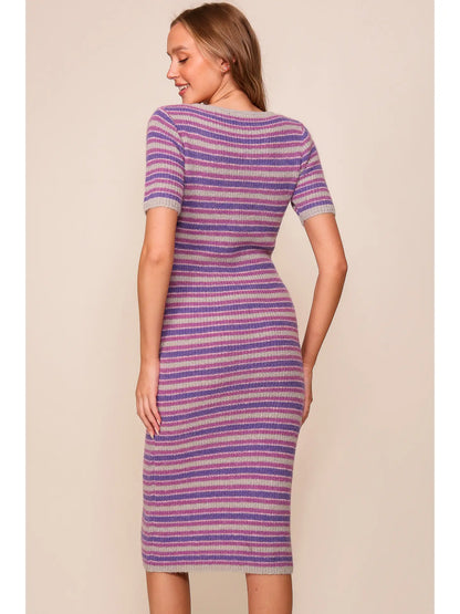 Lumiere Purple Striped Ribbed Knit Midi Dress