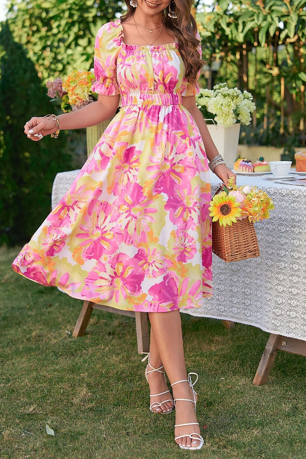 Floral Print Puff Sleeve Midi Dress