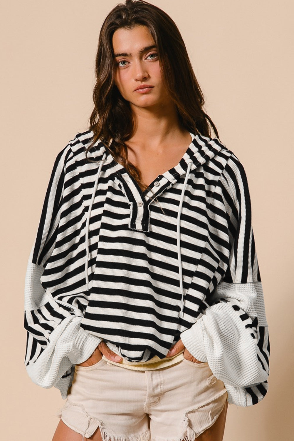 Black & White Striped Waffle Knit Hoodie – Oversized Casual Pullover