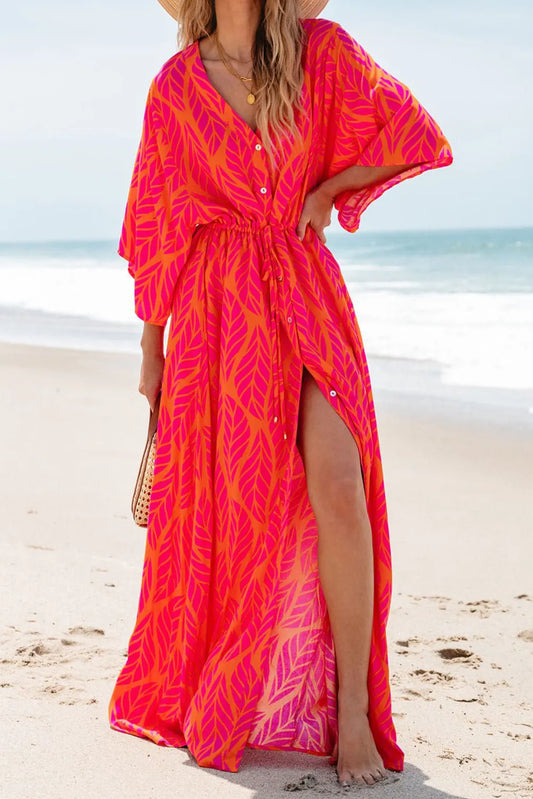 Bright Pink and Orange Leaf Print Maxi Dress – Flowy Beach Cover-Up