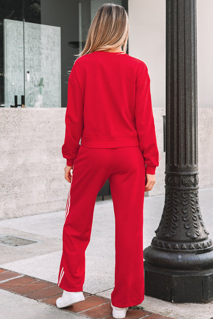 Red Two-Piece Lounge Set – Wide Leg Track Pants & Matching Crewneck Top