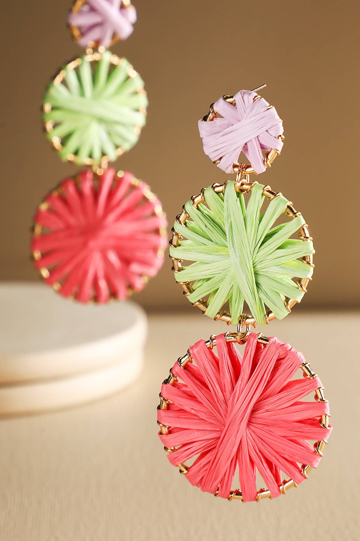 Rainbow Woven Disc Drop Earrings (Triple Statement Dangles)
