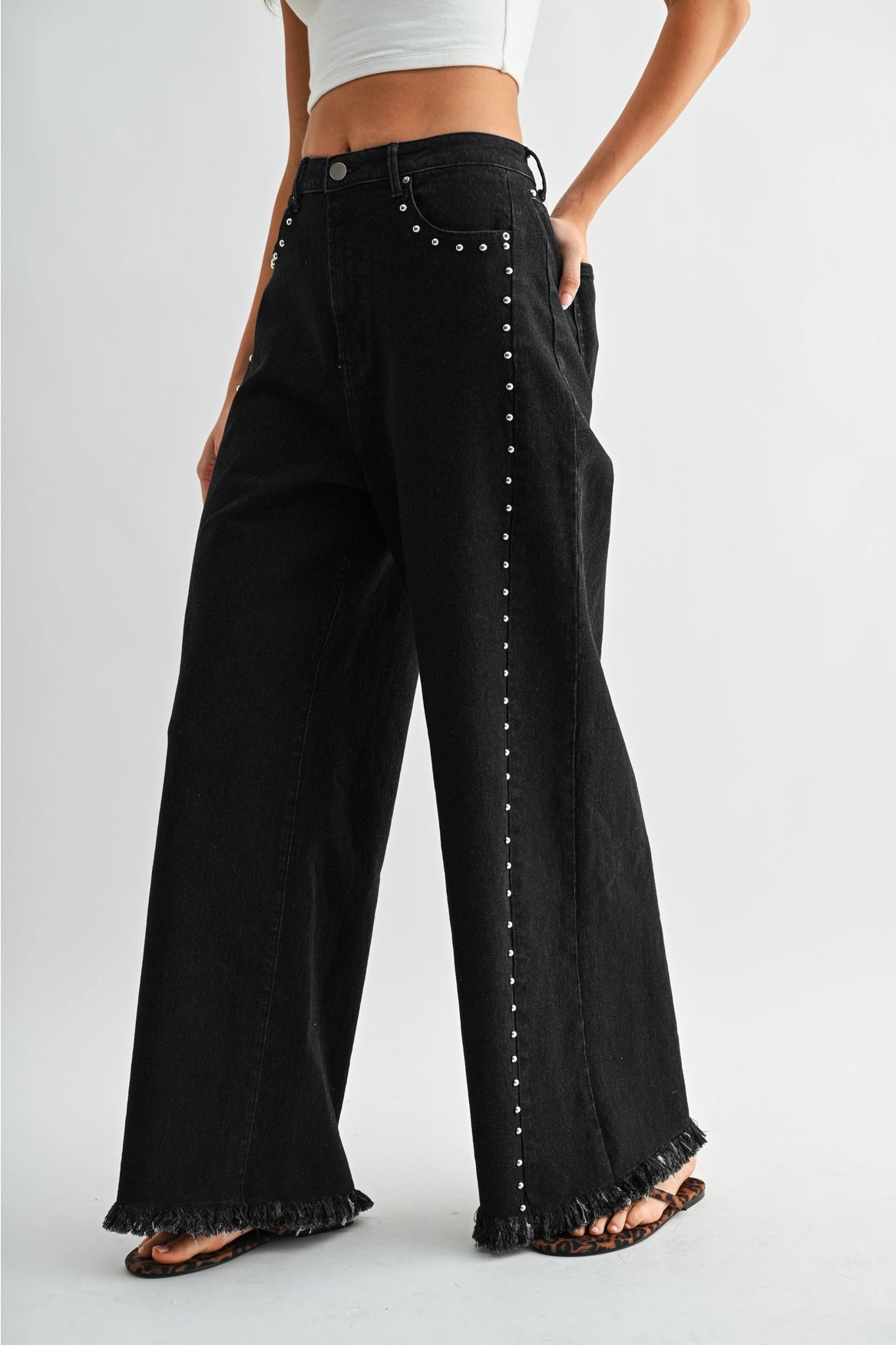 Camellia Black Studded Wide-Leg Jeans | Frayed Hem