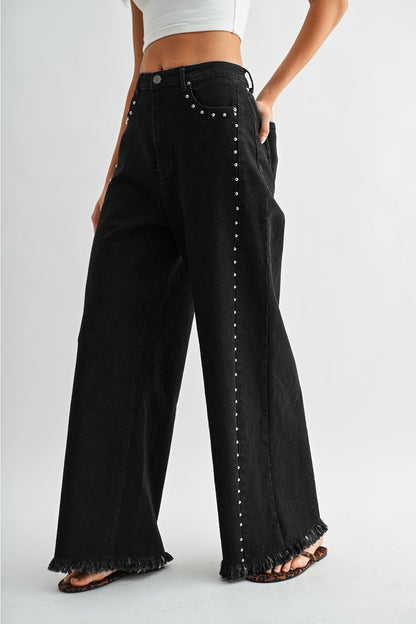 Camellia Black Studded Wide-Leg Jeans | Frayed Hem
