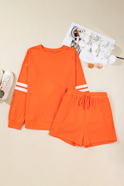 Plus Size Orange Lounge Set – Cozy Fall Sweatshirt & Shorts with Stripe Sleeves