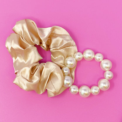 Satin Scrunchie Set with Pearl Beads (4-Pack Hair Ties)