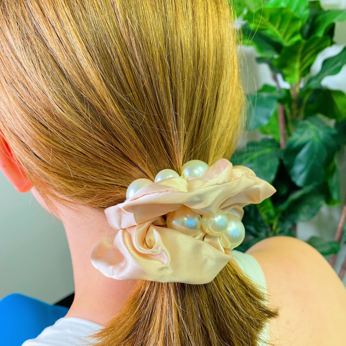 Satin Scrunchie Set with Pearl Beads (4-Pack Hair Ties)