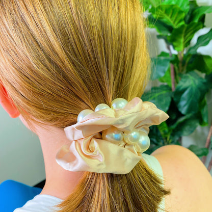 Satin Scrunchie Set with Pearl Beads (4-Pack Hair Ties)