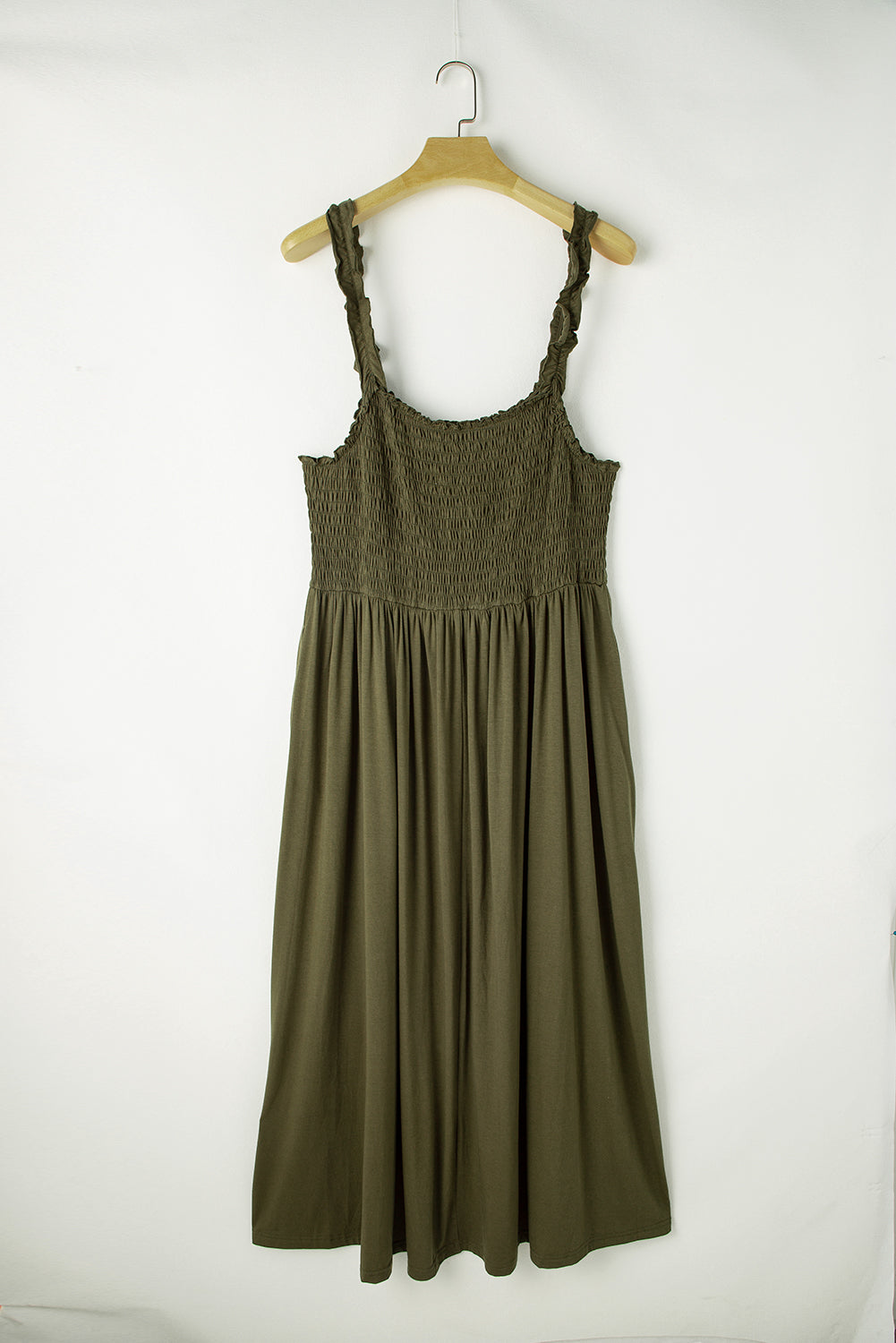 Olive Green Smocked Maxi Dress with Ruffle Straps – Perfect for Summer Vibes