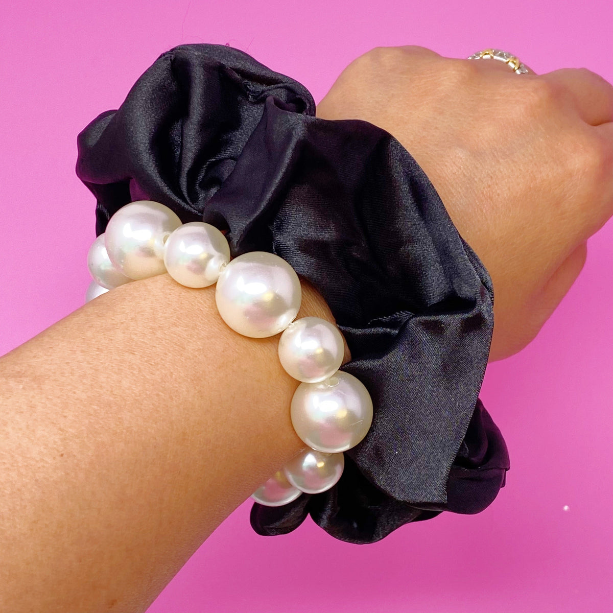 Satin Scrunchie Set with Pearl Beads (4-Pack Hair Ties)
