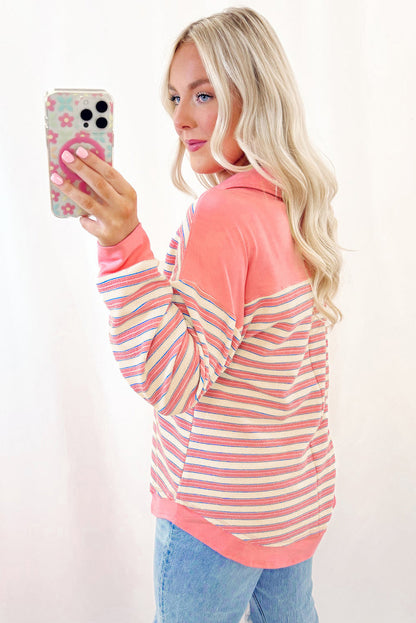 Pink Striped Henley Long Sleeve Top – Lightweight Casual Pullover
