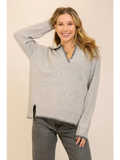 Contrast Trim Collared Sweater (Relaxed Knit Pullover | Gray)