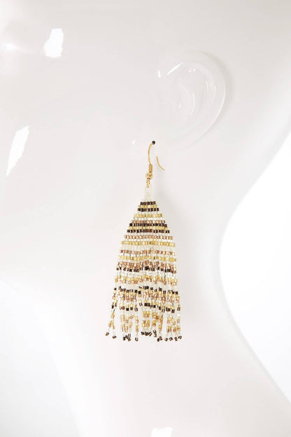 Beaded Fringe Statement Earrings (Black + White + Gold)
