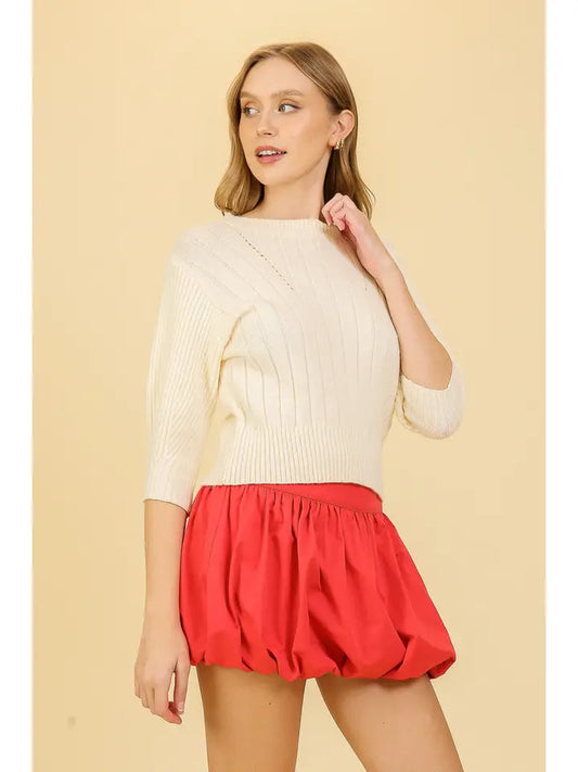 Ribbed 3/4 Sleeve Sweater Top (Lightweight Knit Pullover | Cream)
