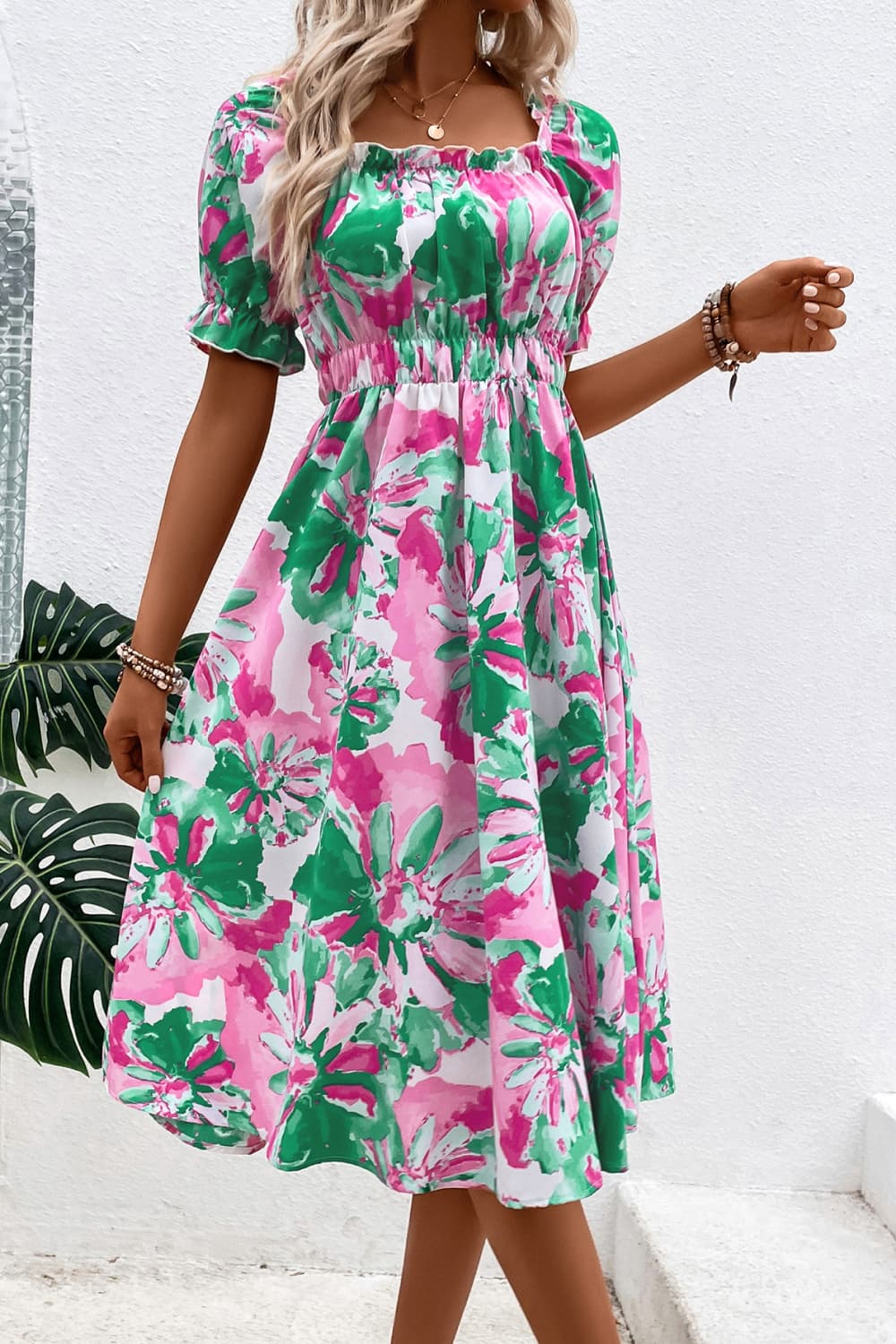 Floral Print Puff Sleeve Midi Dress