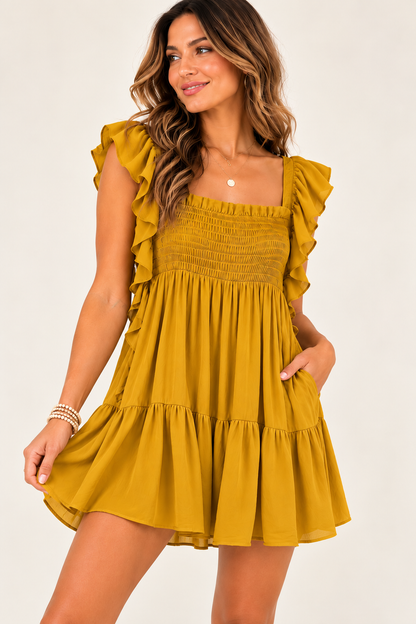 Free People Mustard Yellow Smocked Ruffle Mini Dress – Size XS