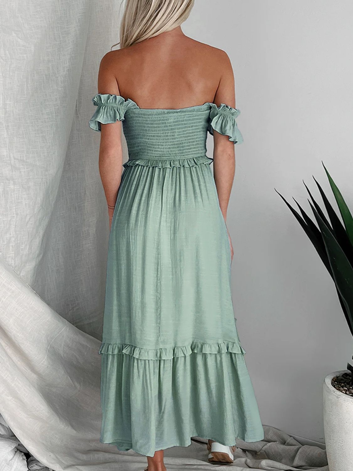 Sage Green Off-Shoulder Ruffle Maxi Dress The Jetsetter's Closet Sage Green Off-Shoulder Ruffle Maxi Dress The Jetsetter's Closet