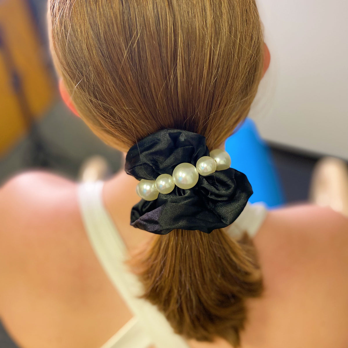 Satin Scrunchie Set with Pearl Beads (4-Pack Hair Ties)