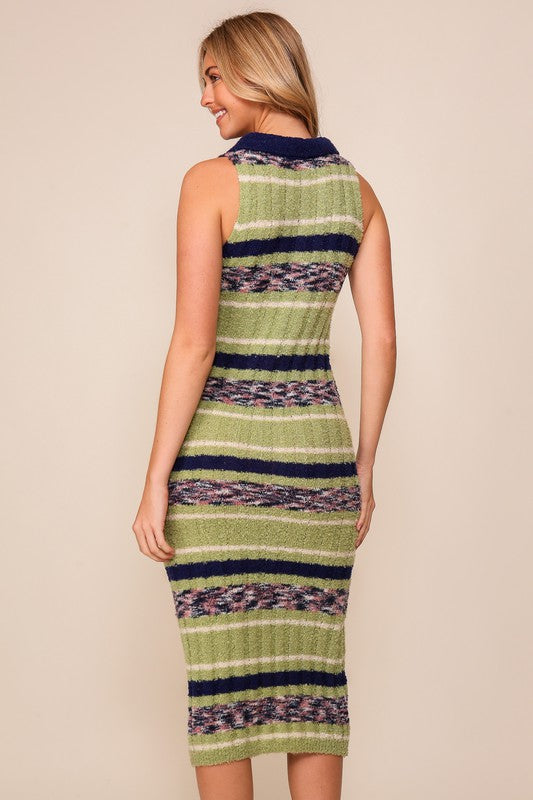 Striped Sweater Polo Midi Dress (Sleeveless Knit)