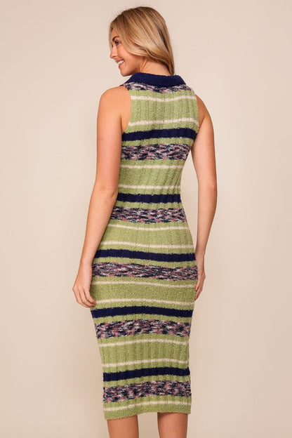 Striped Sweater Polo Midi Dress (Sleeveless Knit)