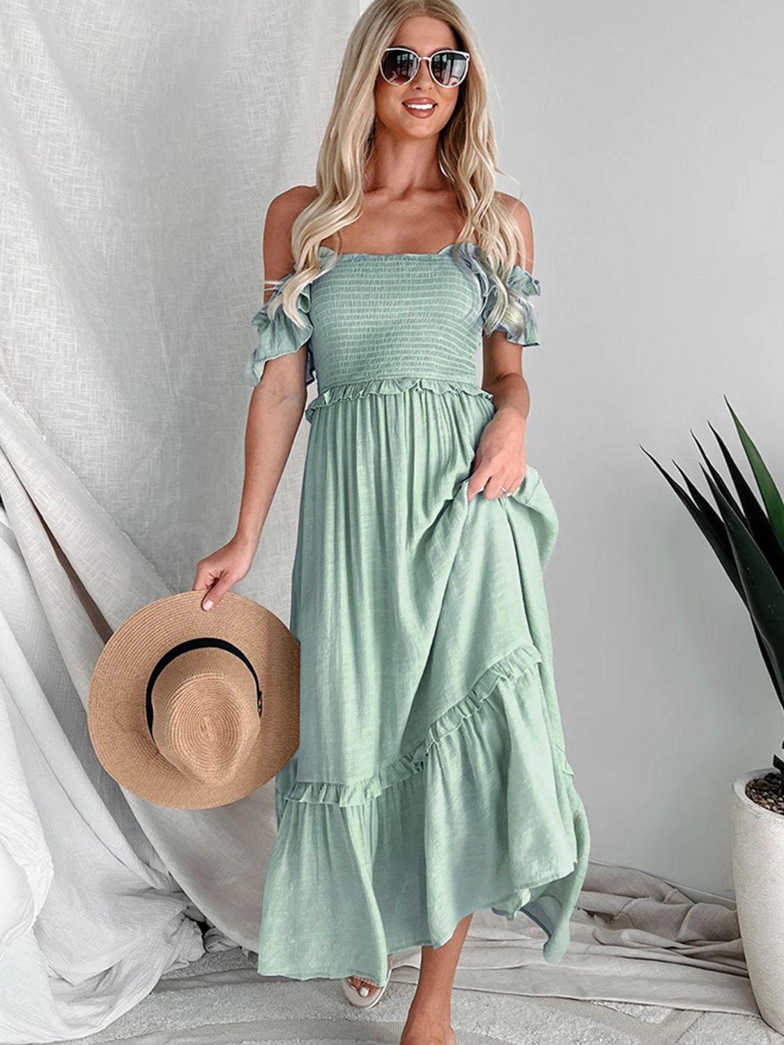 Sage Green Off-Shoulder Ruffle Maxi Dress The Jetsetter's Closet Sage Green Off-Shoulder Ruffle Maxi Dress The Jetsetter's Closet
