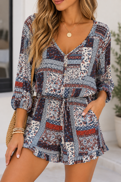Mossimo Navy & Rust Patchwork Print Romper – Size M