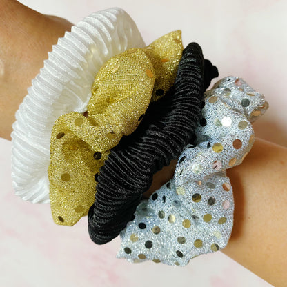 Glitter Scrunchie Set (4-Pack | Gold, Silver, Black & White)